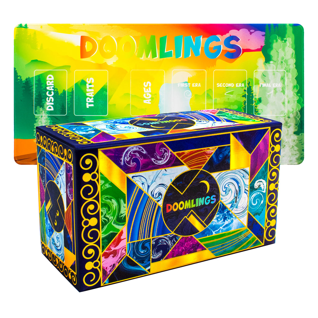 Doomlings deluxe game box with community playmat. Box has colorful intricate design