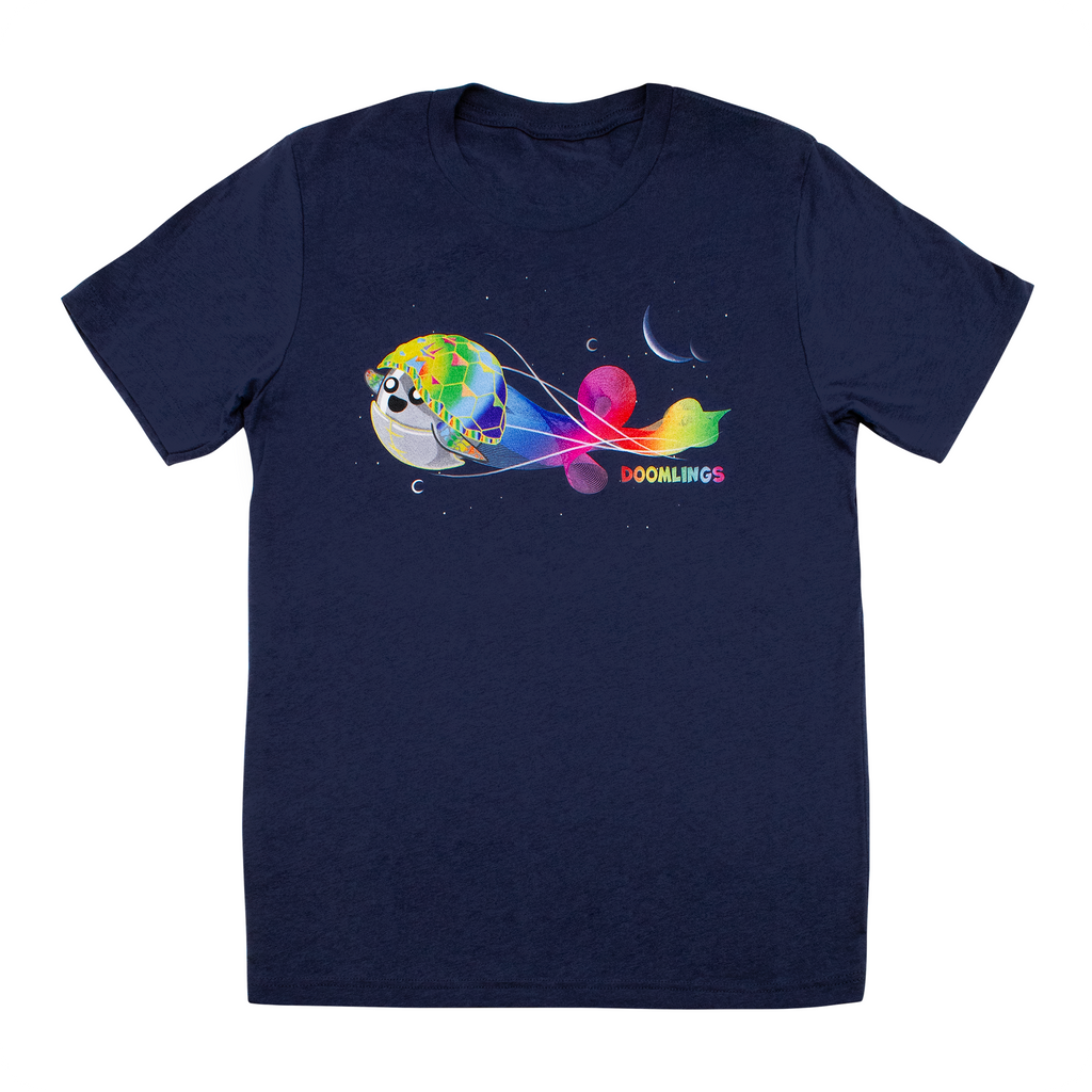 Doomlings Rainbow Scutes T-shirt - Navy shirt with rainbow turtle zooming through space