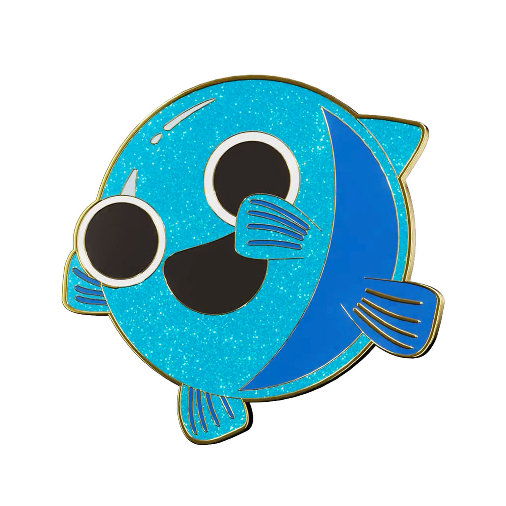 cute blue fish squirt bubbles doomlings sparkly glitter enamel pin