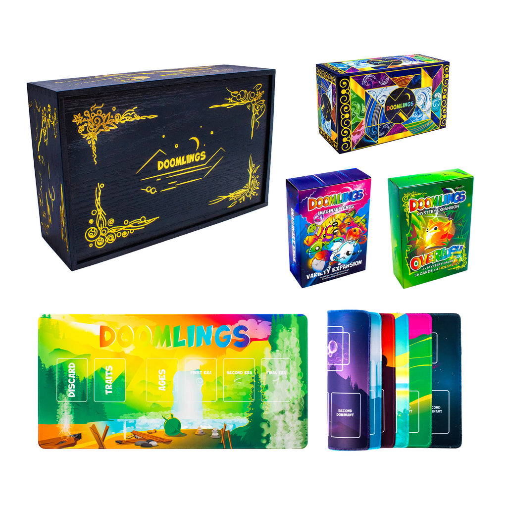 doomlings ultimate bundle image with collectors box, tons of cards, base game, overlush, imaginary ends, and playmats