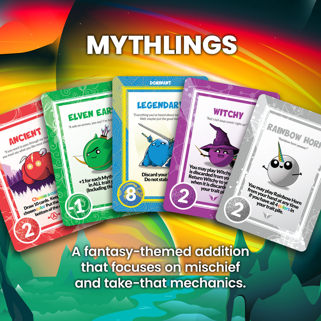 mythlings cards - a fantasy-themed addition that focuses on mischief and take-that mechanics