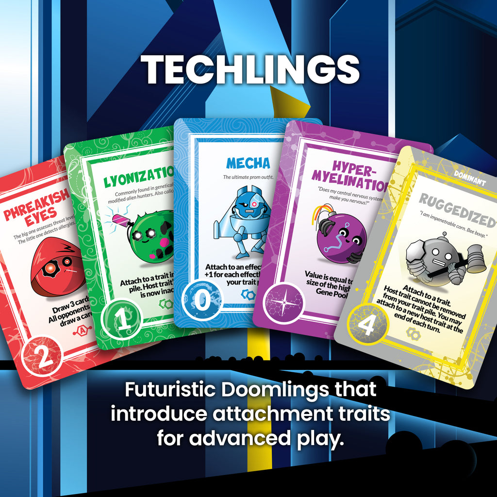 techlings card - futuristic doomlings that introduce attachment traits for advanced play.