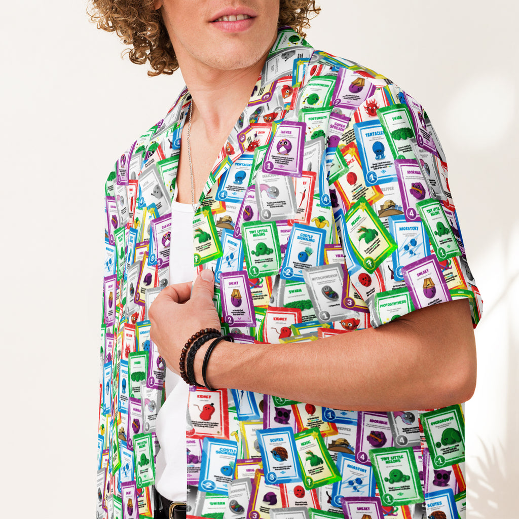 man wearing doomlings all over print hawaiian shirt with tons of cards