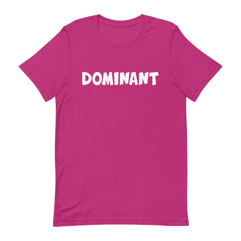 pink tshirt with the words dominant written on it in the doomlings font