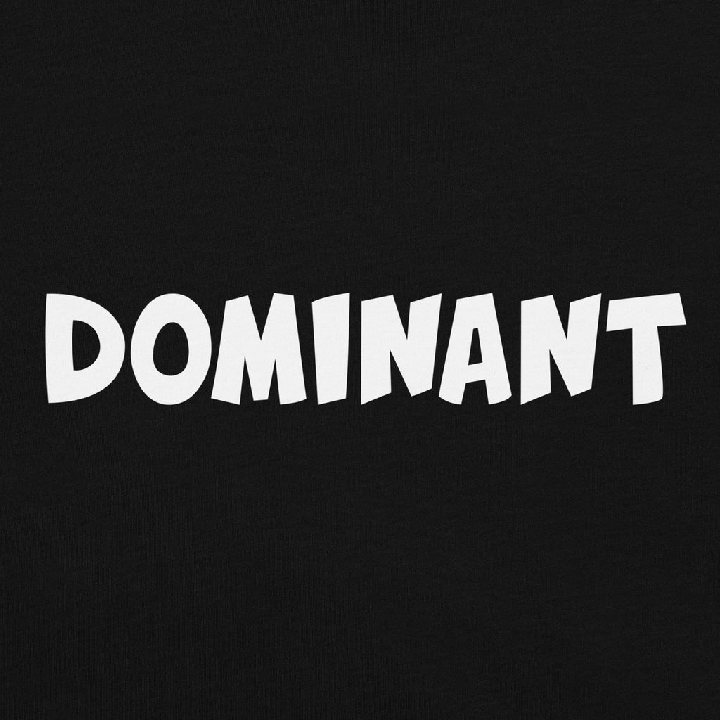 closeup of black tshirt with the words dominant written on it in the doomlings font