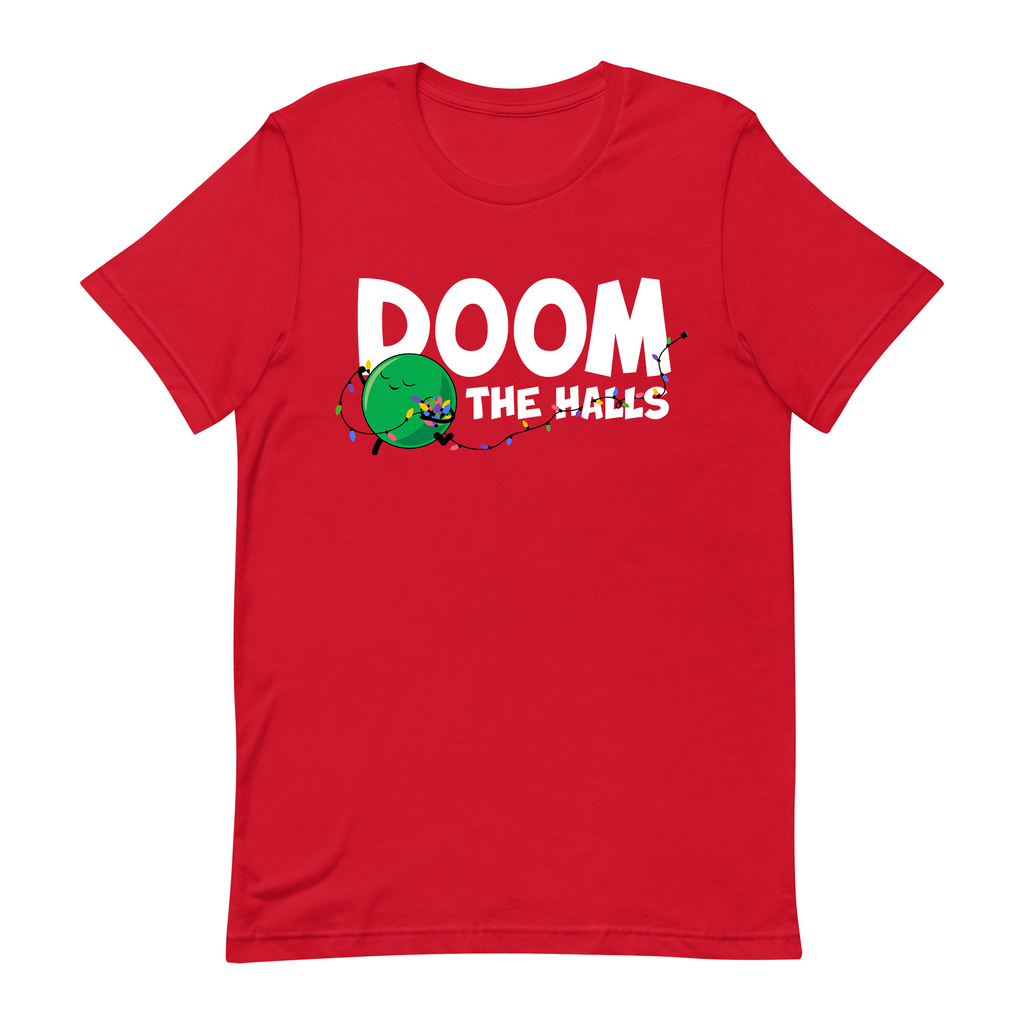 doom the halls red t-shirt adult