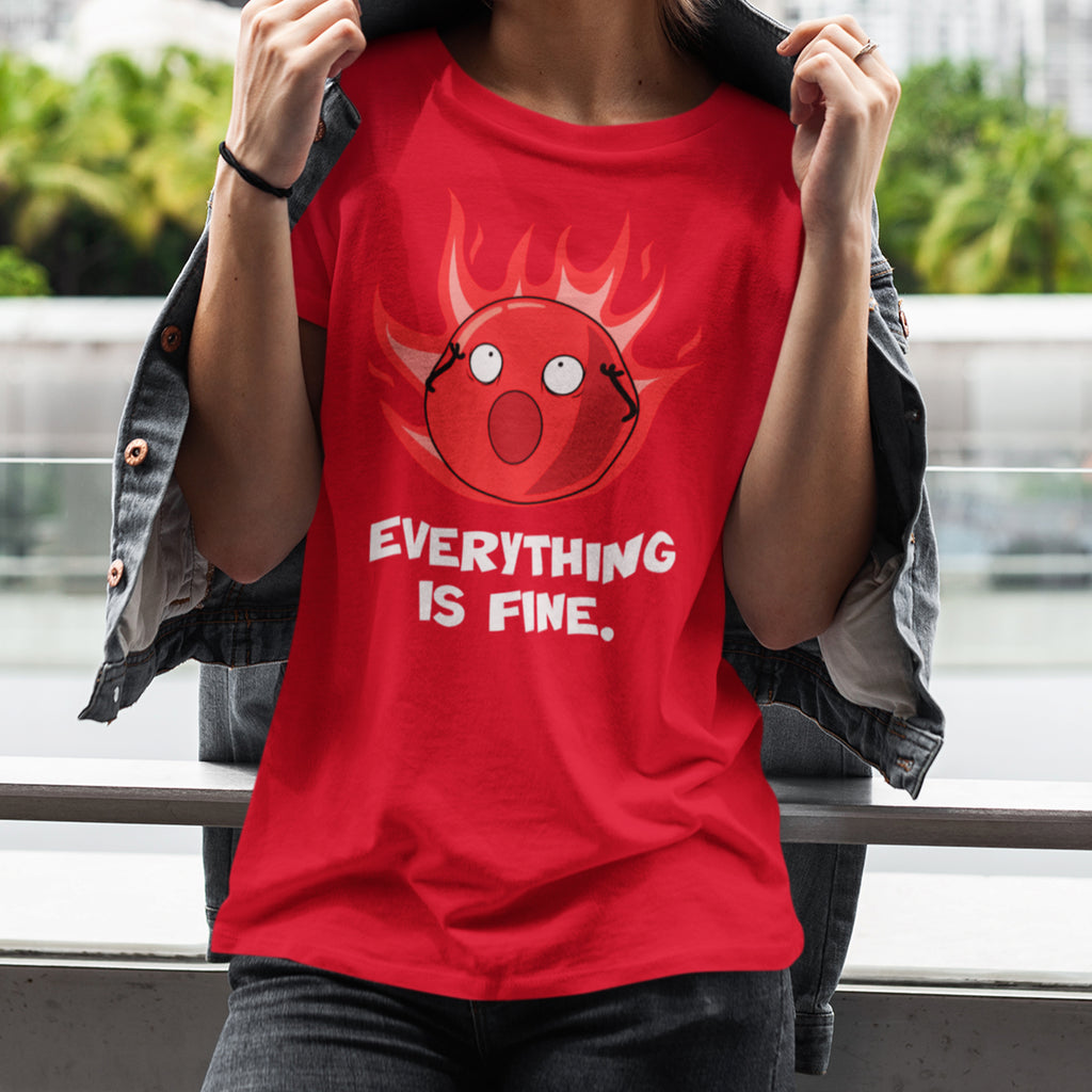 person wearing red tshirt with a flaming doomling with the text 'everything is fine.'