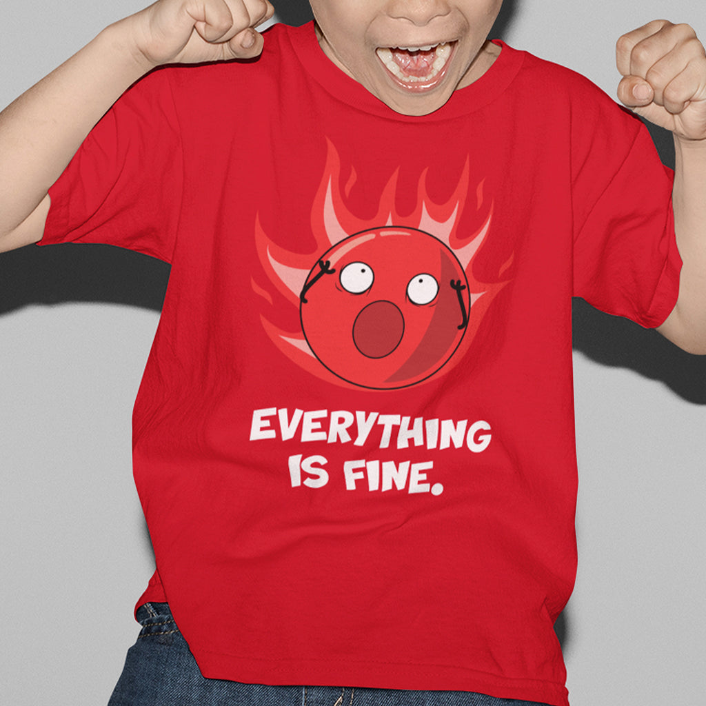 kid screaming and wearing everything is fine tee with doomling on fire on red shirt, kids shirt