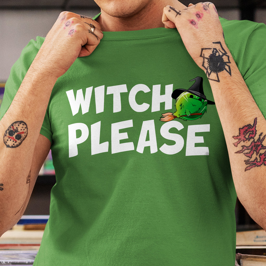 man wearing green witch please shirt with frumple pumple on it doomlings