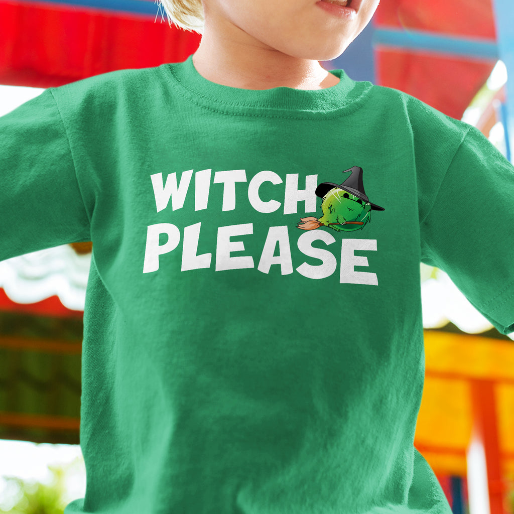 kid wearing green tshirt that says witch please with frumple pumple on it doomlings