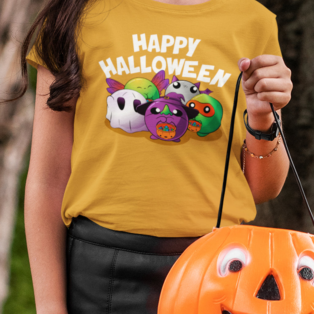 kid wearing happy halloween doomlings shirt