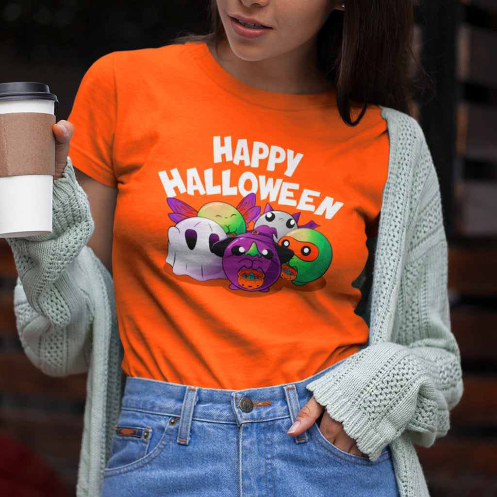 woman wearing happy halloween doomlings orange tshirt