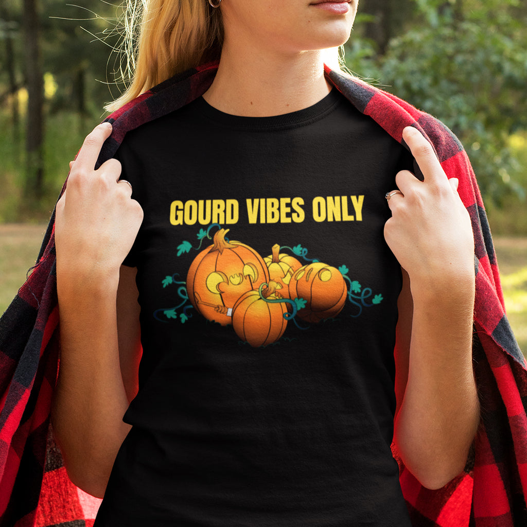 woman wearing gourd vibes only black doomlings t-shirt