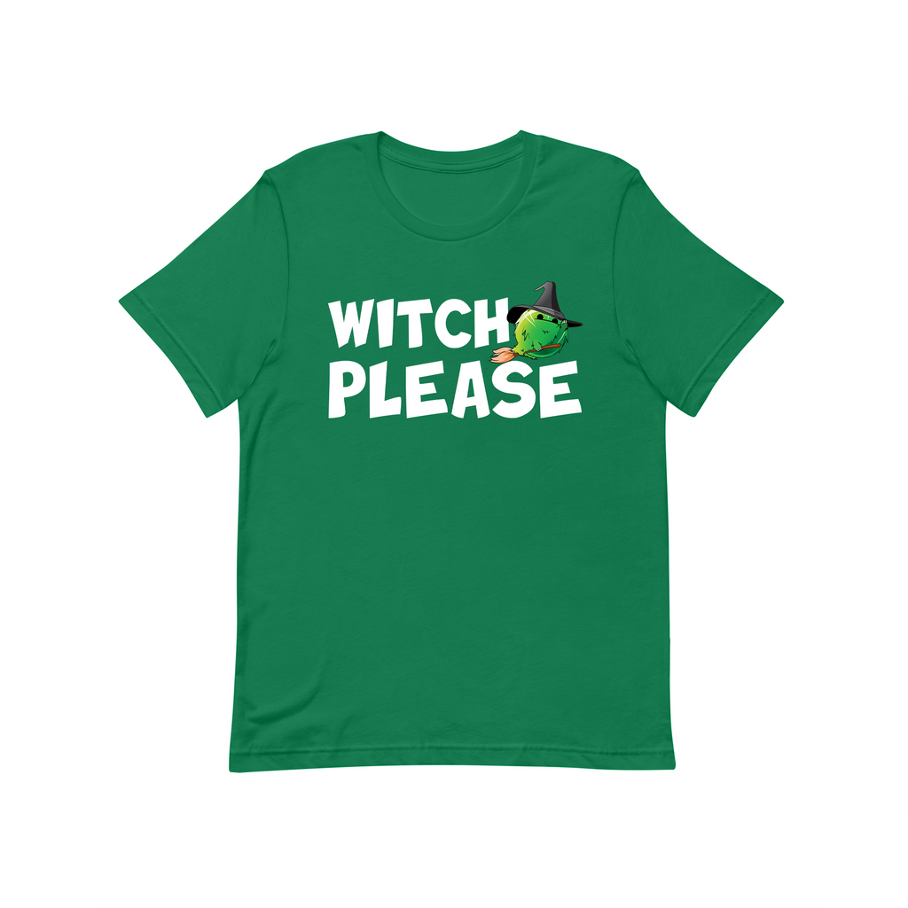 green tshirt that says witch please with frumple pumple on it doomlings