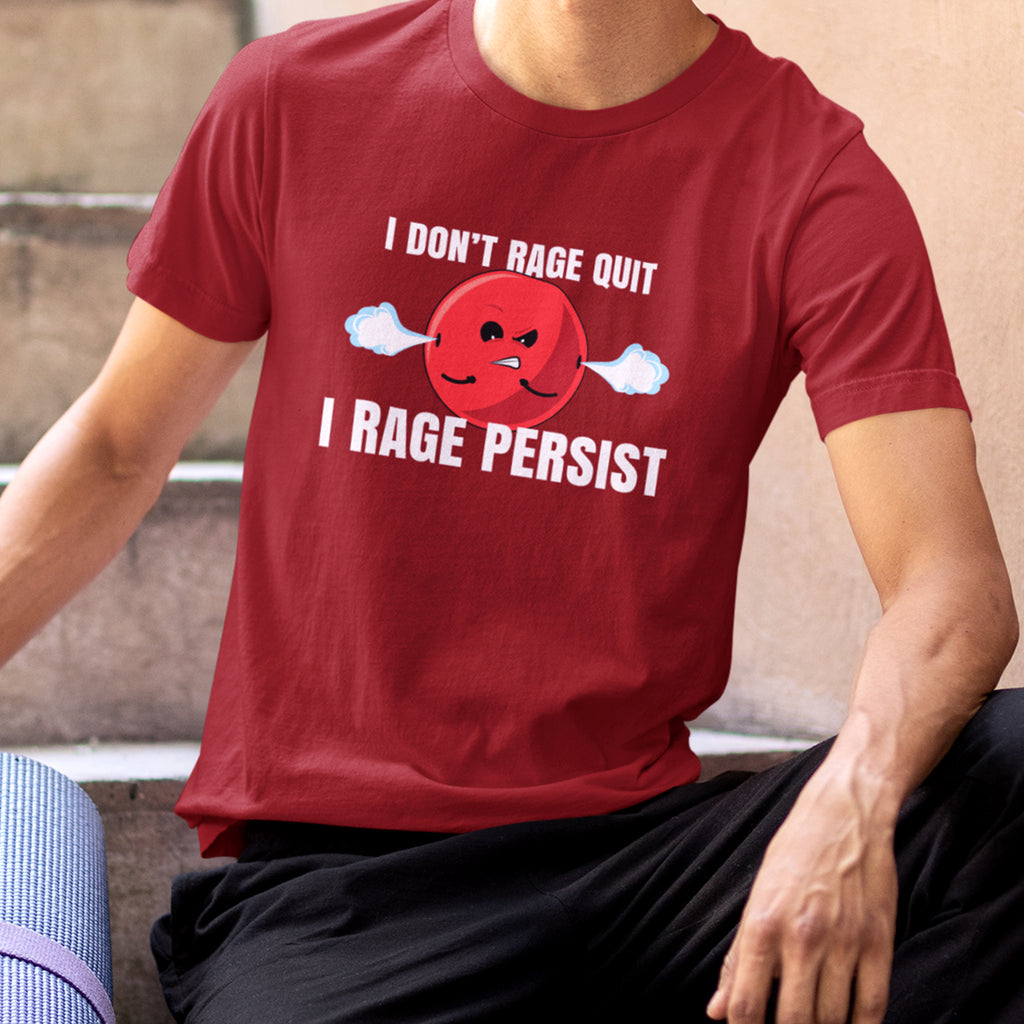 man wearing red t-shirt with angry doomling, text says: I don't rage quit, I rage persist