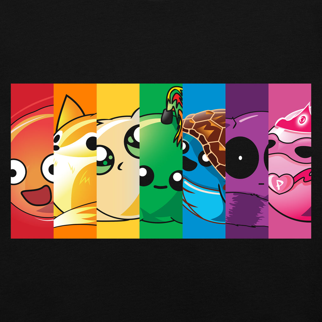 closeup of rainbow block doomlings tee with seven doomlings characters, black t-shirt