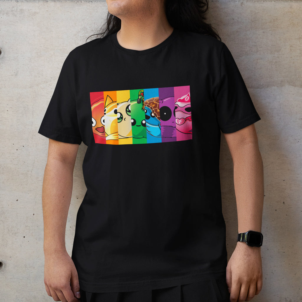 person wearing rainbow block doomlings tee with seven doomlings characters, black t-shirt