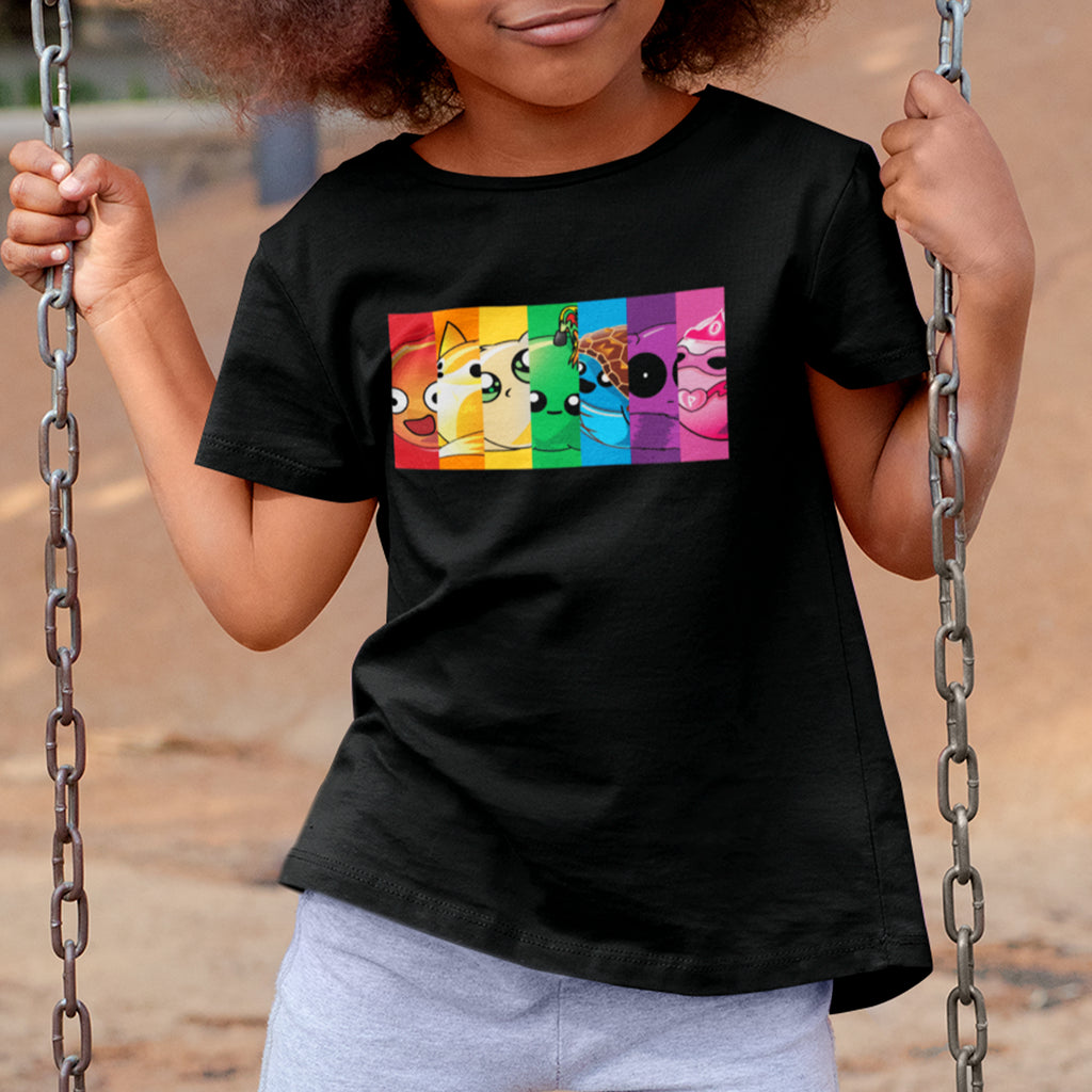 kid wearing rainbow block doomlings kids tee with seven doomlings characters, black t-shirt