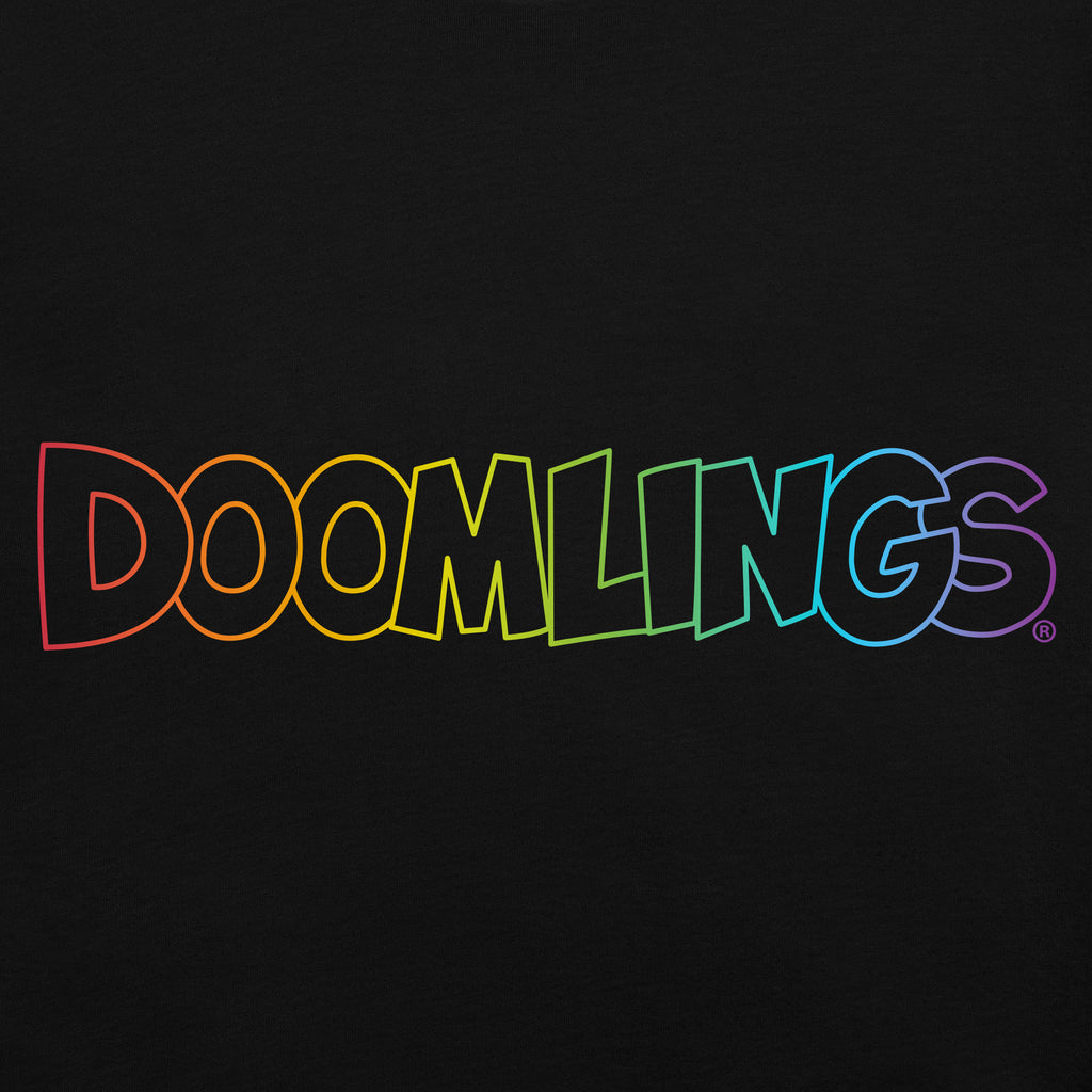 closeup black hoodie with a rainbow Doomlings logo