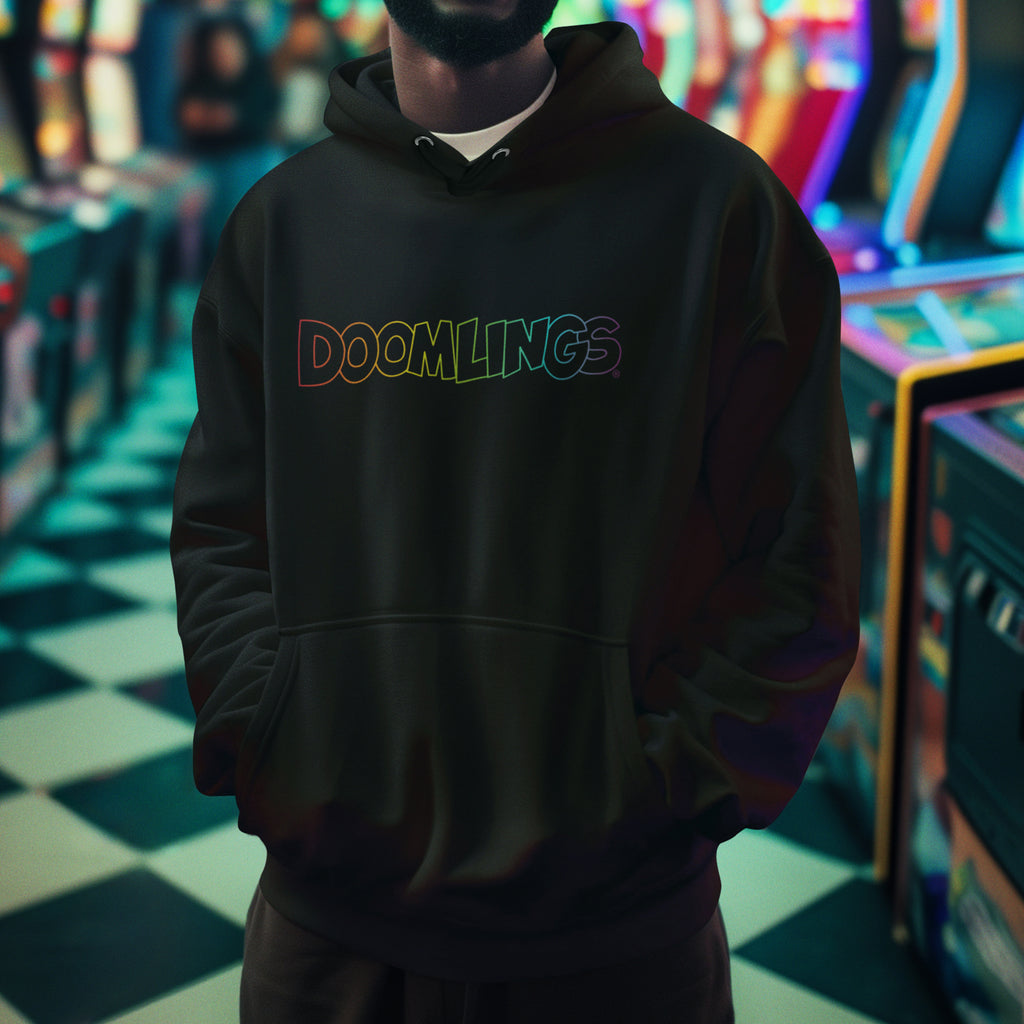 man wearing black hoodie with a rainbow Doomlings logo