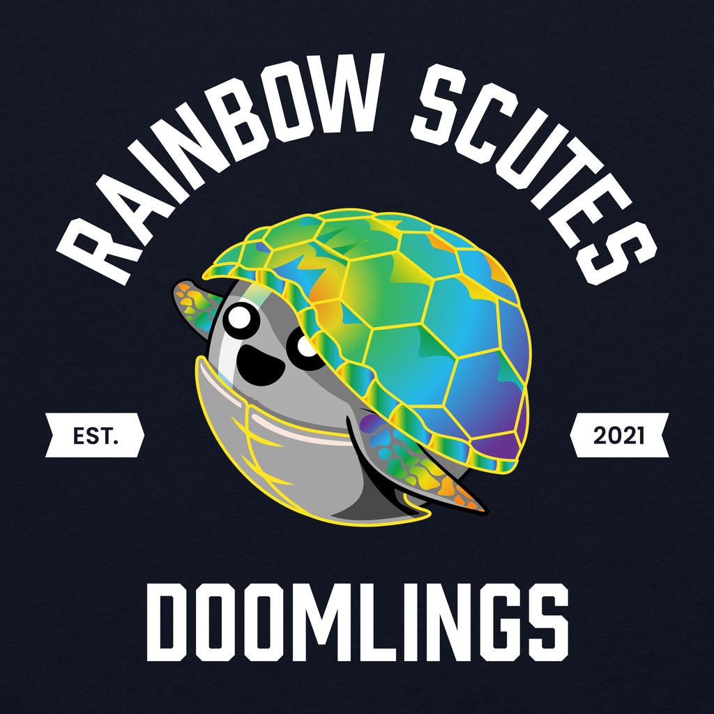 closeup of rainbow scutes college tee kids - says rainbow scutes est. 2021 doomlings with picture of turtle