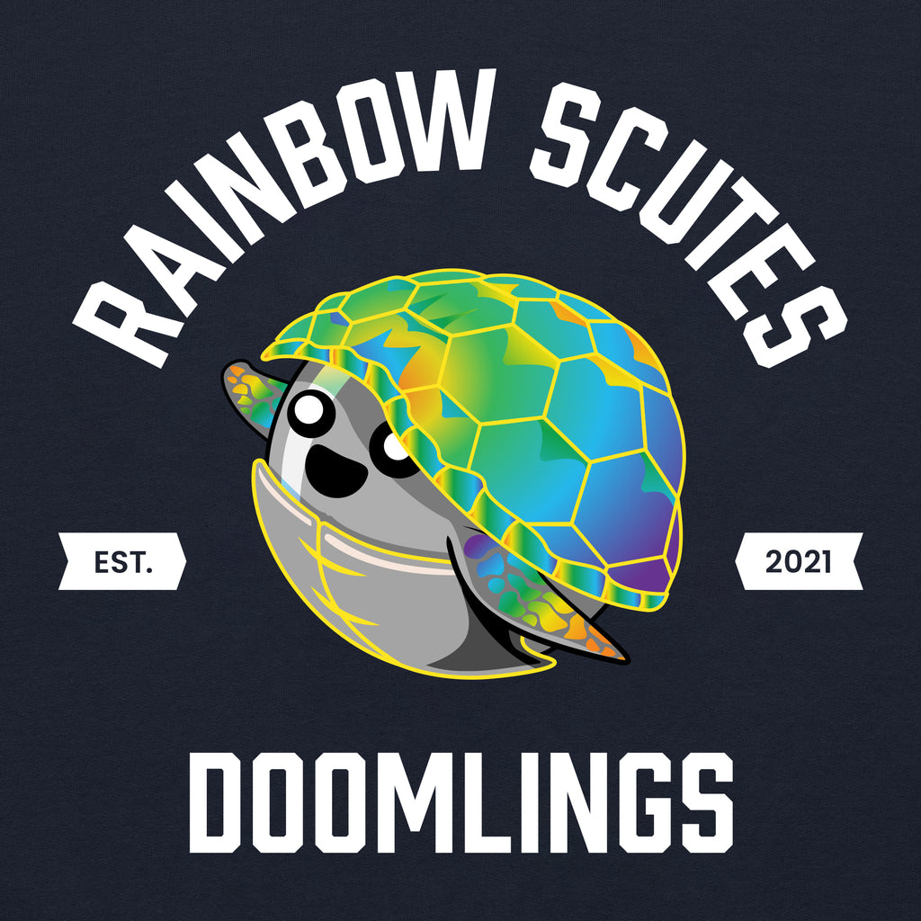 closeup of rainbow scutes navy hoodie