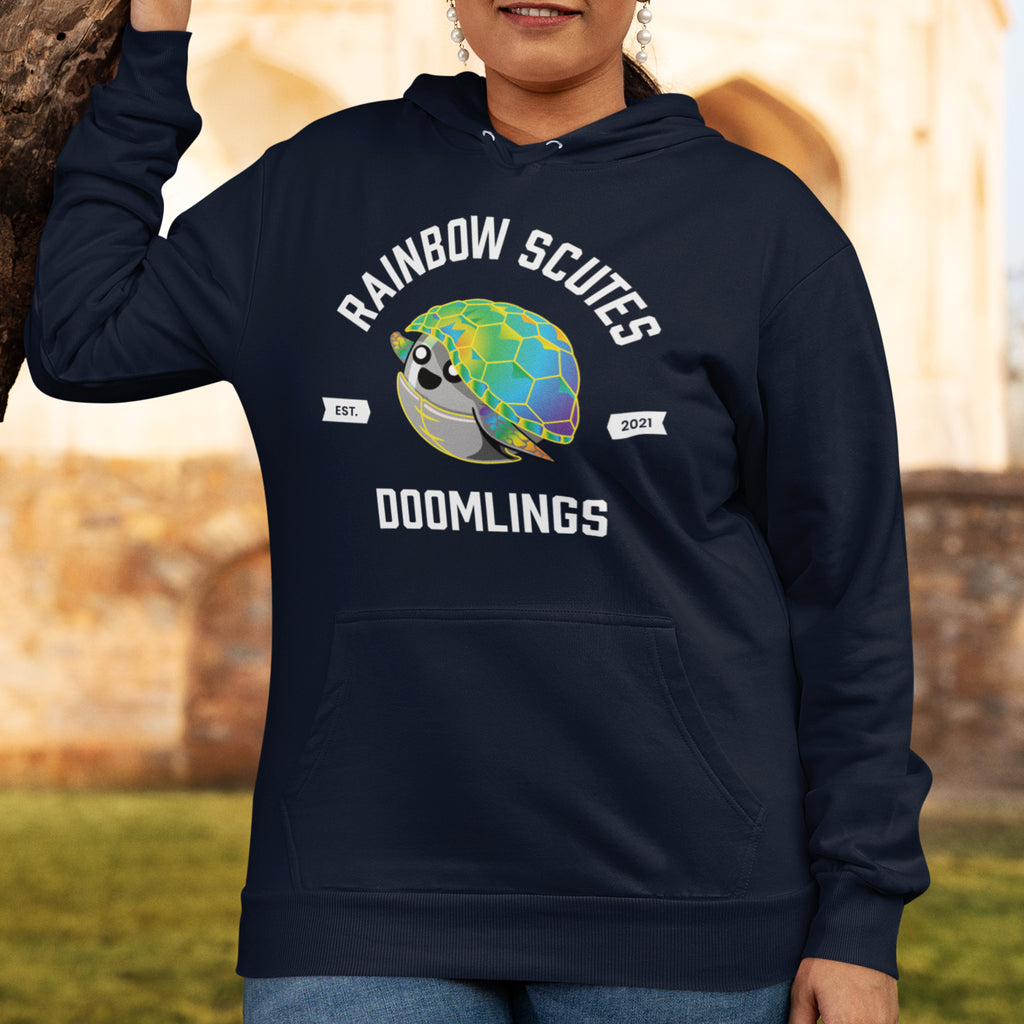 woman wearing rainbow scutes navy hoodie