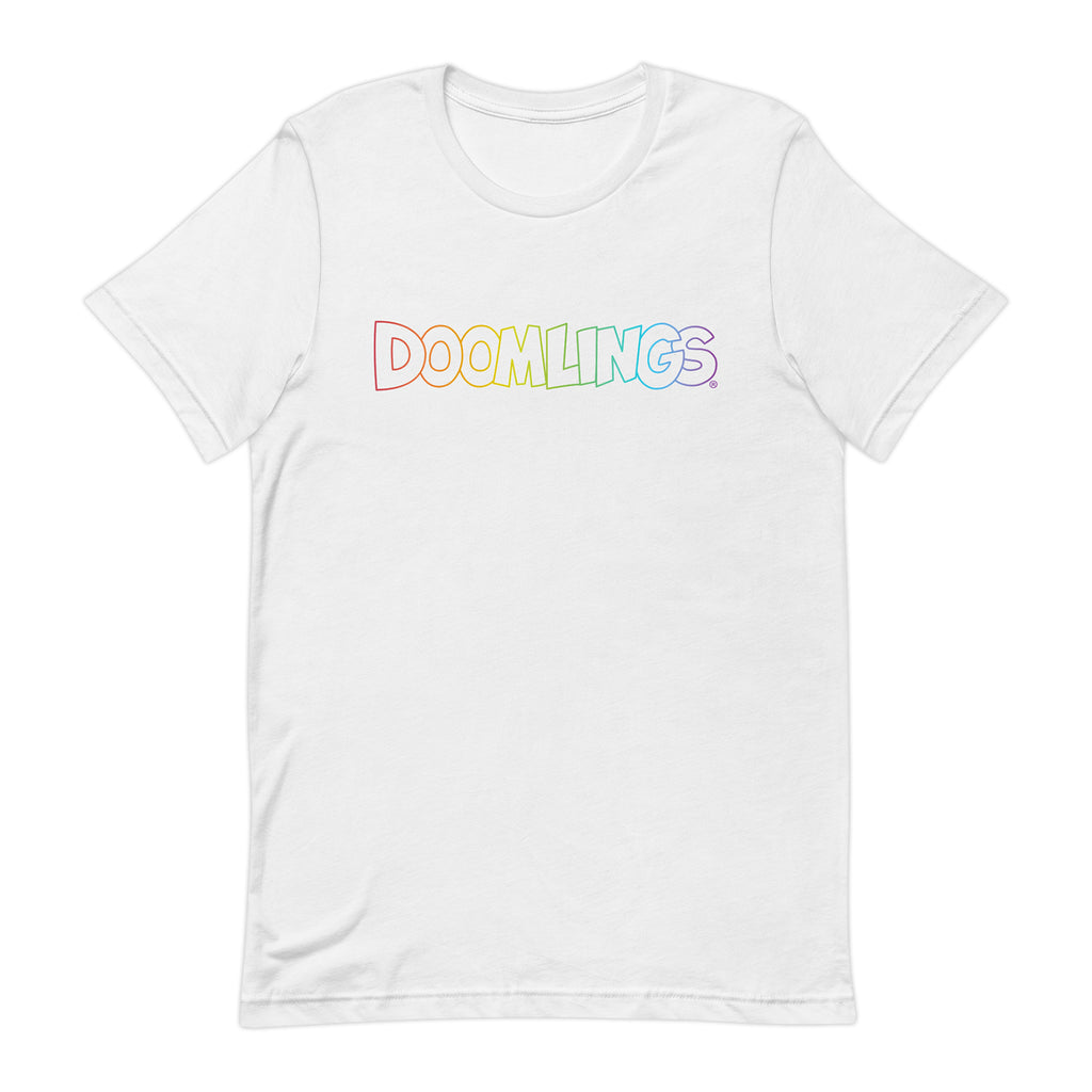 rainbow doomlings logo on a white tshirt