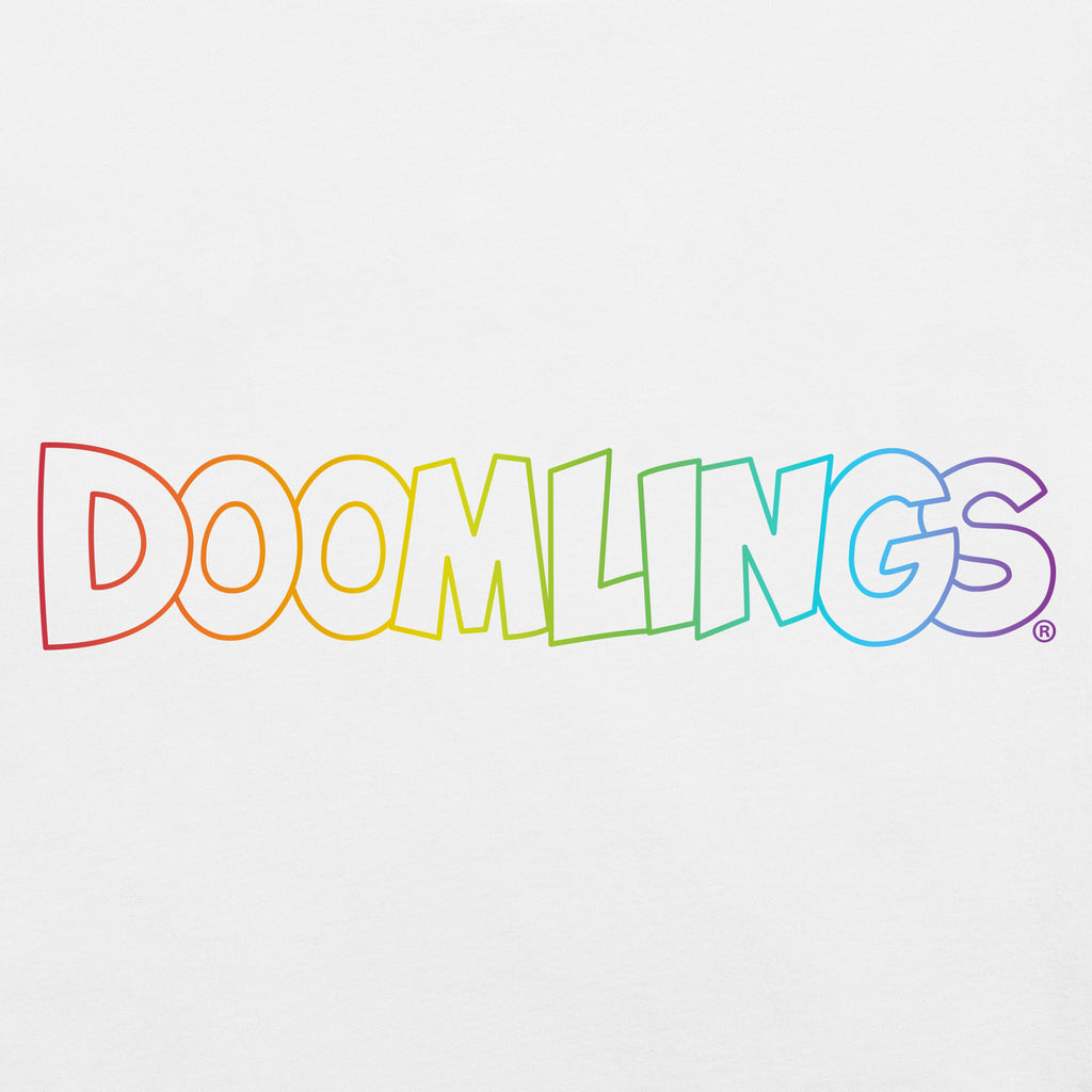 closeup of rainbow doomlings logo on a white tshirt