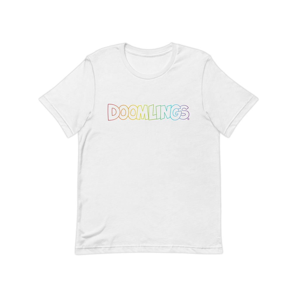 rainbow doomlings logo on a white tshirt kids