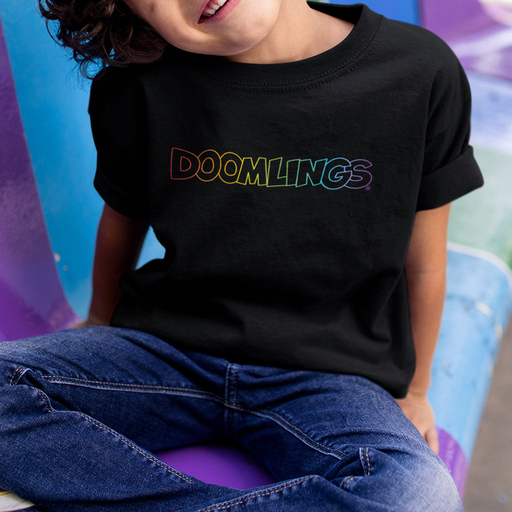 rainbow doomlings logo on a black tshirt kid wearing it