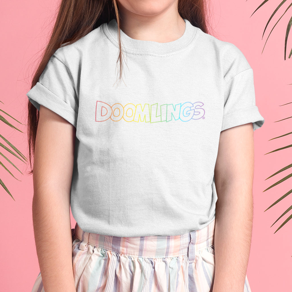 rainbow doomlings logo on a white tshirt kids girl wearing it