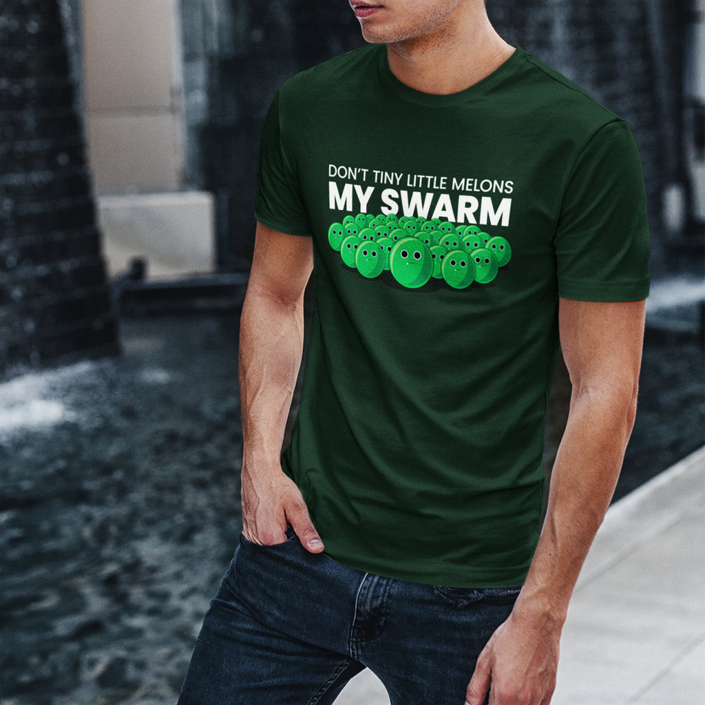 man wearing green tshirt that says Don't Tiny Little Melons My Swarm with swarm on it