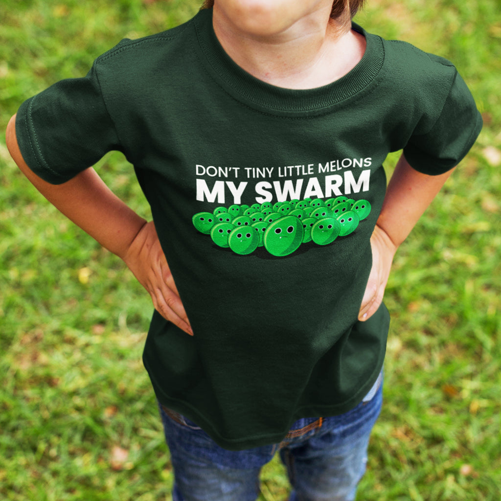 kid wearing green kids tee that says don't tiny little melons my swarm!