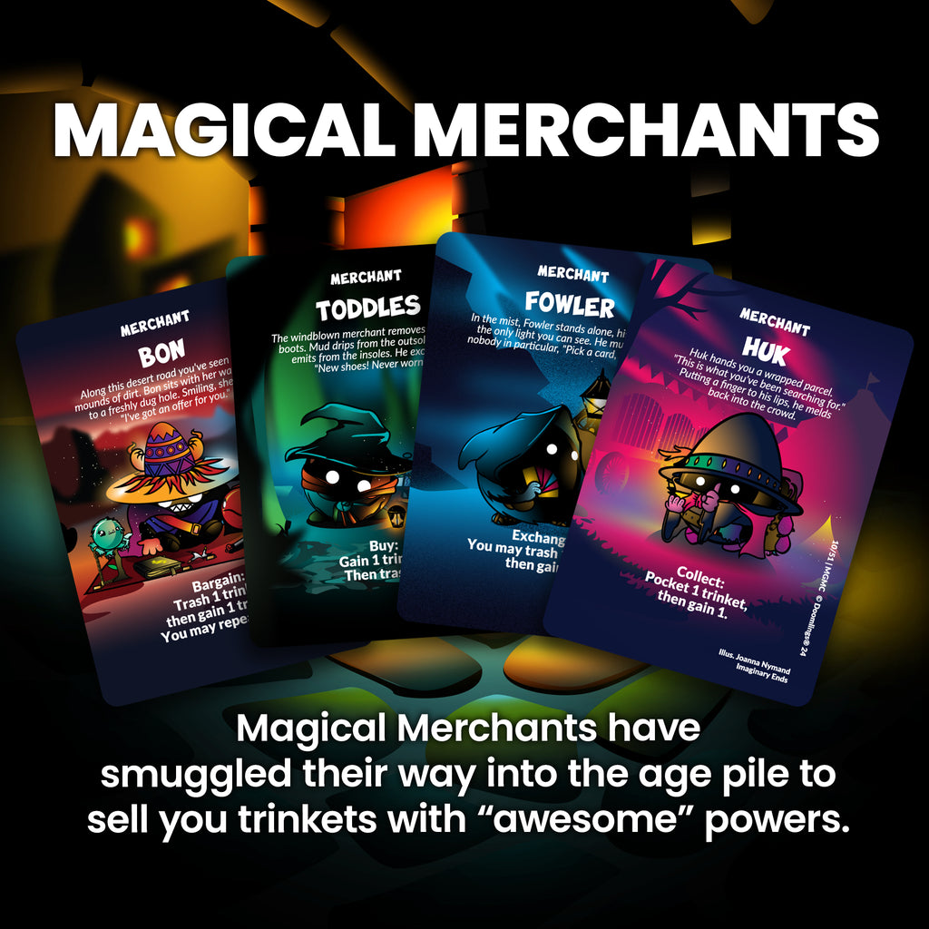 magical merchants doomlings card - magical merchants have smuggled their way into the age pile to sell you trinkets with "awesome" powers.