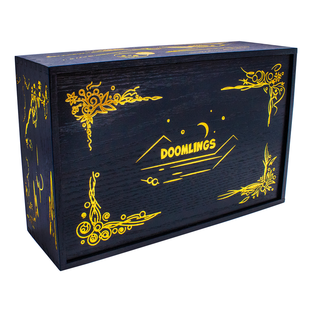 Doomlings Collector Box with navy painted wood and gold accents