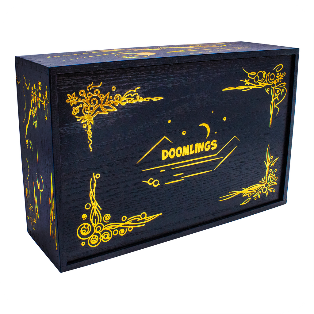 Doomlings Collector Box with navy painted wood and gold accents