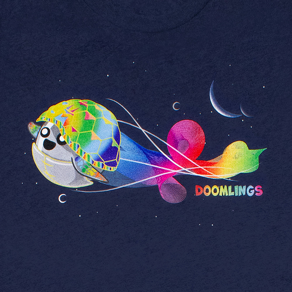 Doomlings Rainbow Scutes T-shirt - Navy shirt with rainbow turtle zooming through space