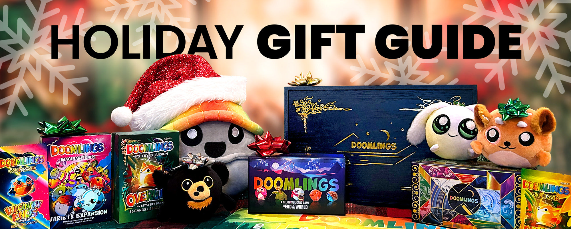 holiday gift guide - image of lots of doomlings products with bows and festive setting