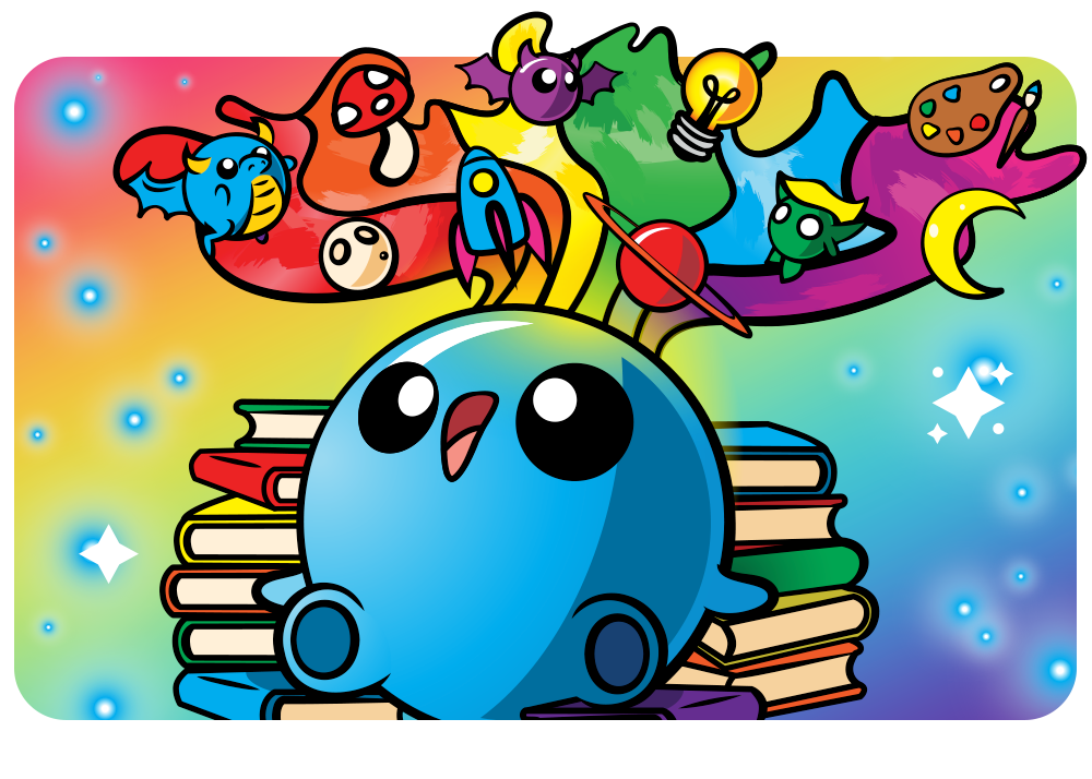 image of a happy blue glitterling with rainbows and books and fun drawings around him of dragons, space ships, planets, bats, and more