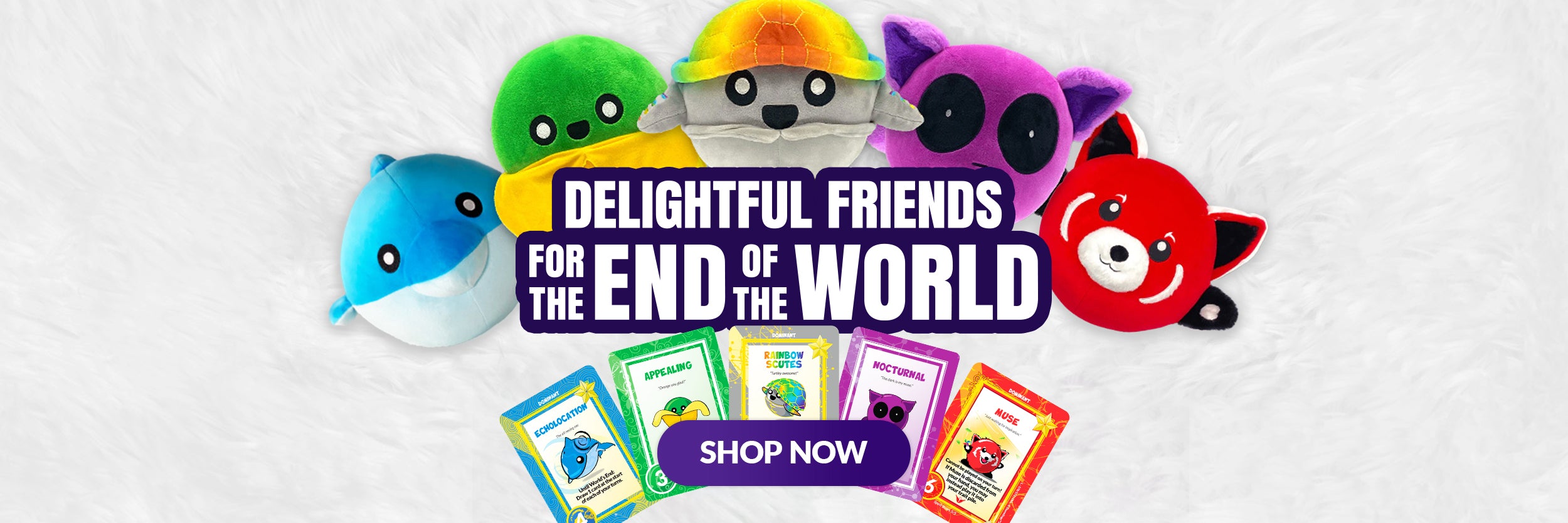Doomlings cards and plushies with the words 'delightful friends for the end of the world!' button: shop now