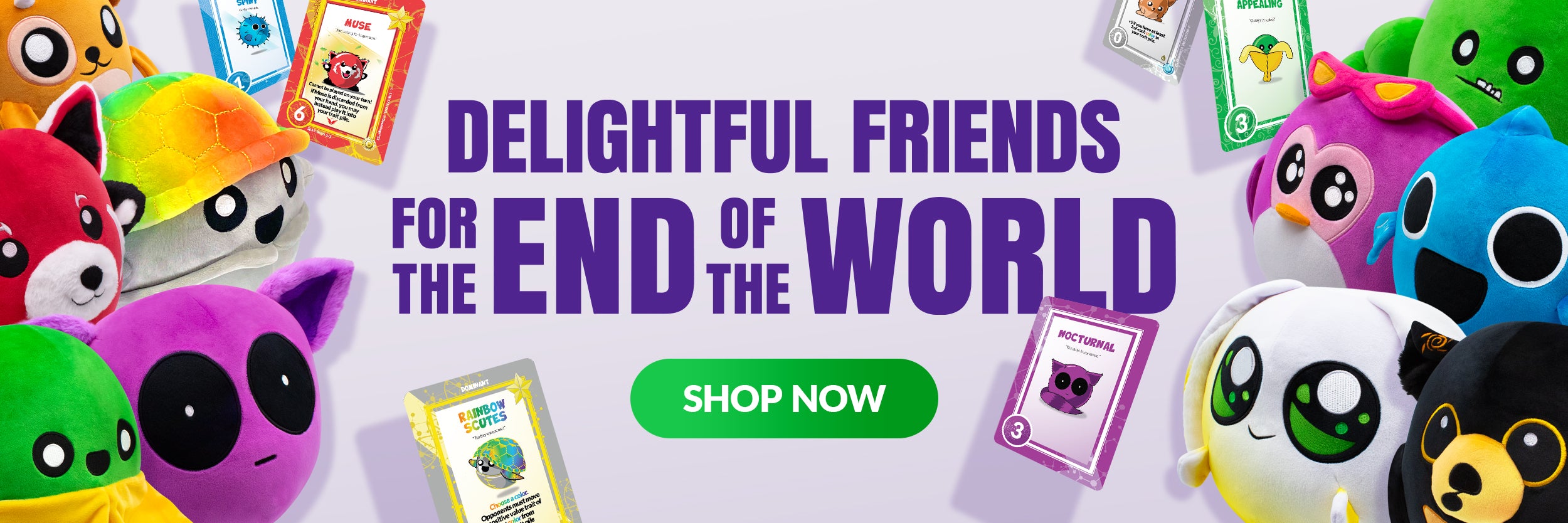 Doomlings cards and plushies with the words 'delightful friends for the end of the world!' button: shop now