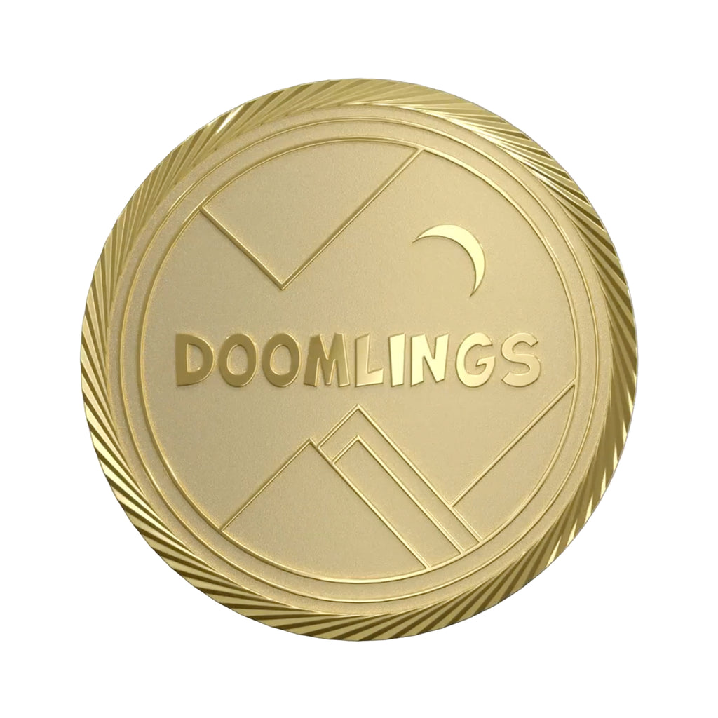 back of doomlings first player medallion coin, gold coin that says doomlings