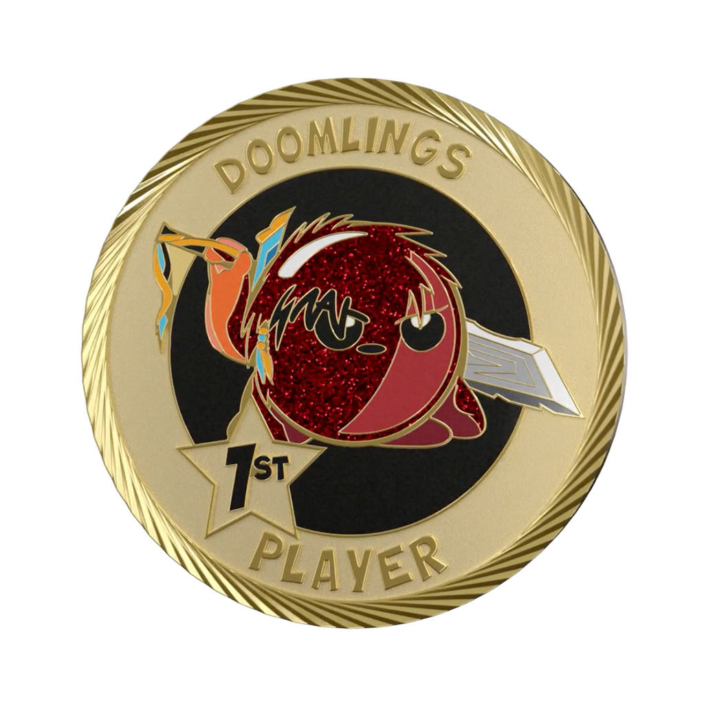 epic doomlings first player medallion coin, gold coin that says doomlings 1st player with cute art of a red hero with a giant sword