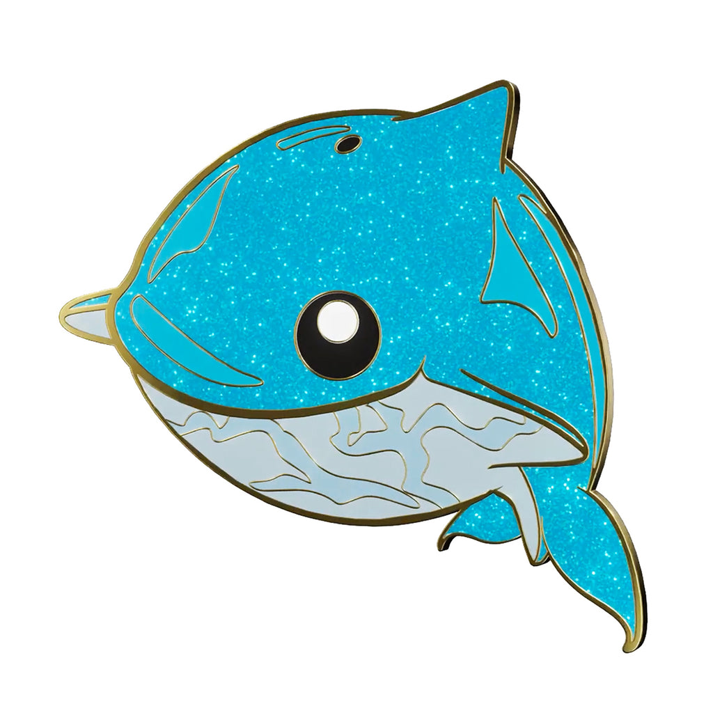 cute light blue dolphin echolocation doomlings sparkly glitter enamel pin