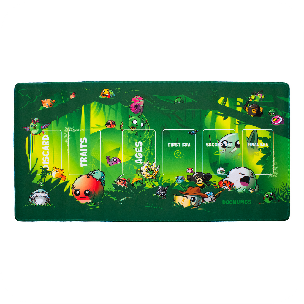 Overlush community playmat with lots of characters in a jungle on it