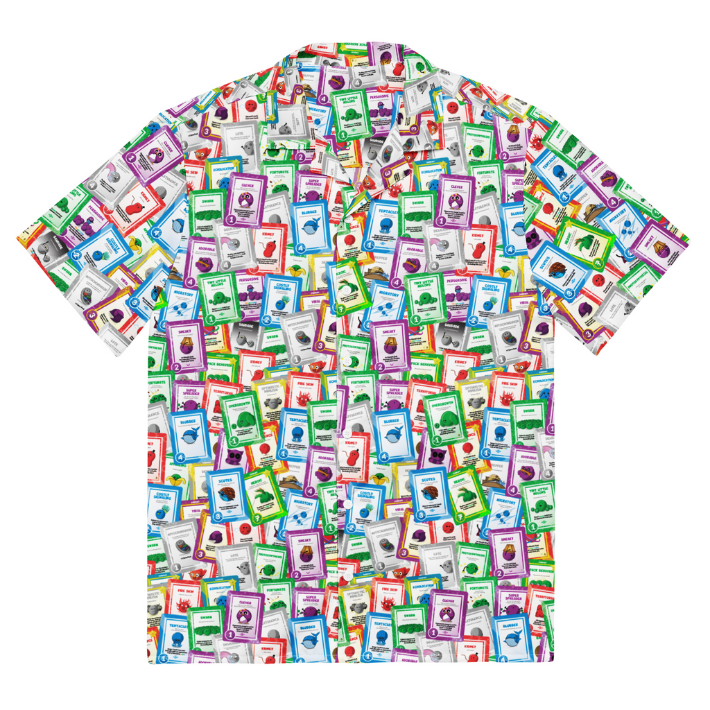 doomlings all over print hawaiian shirt with tons of cards