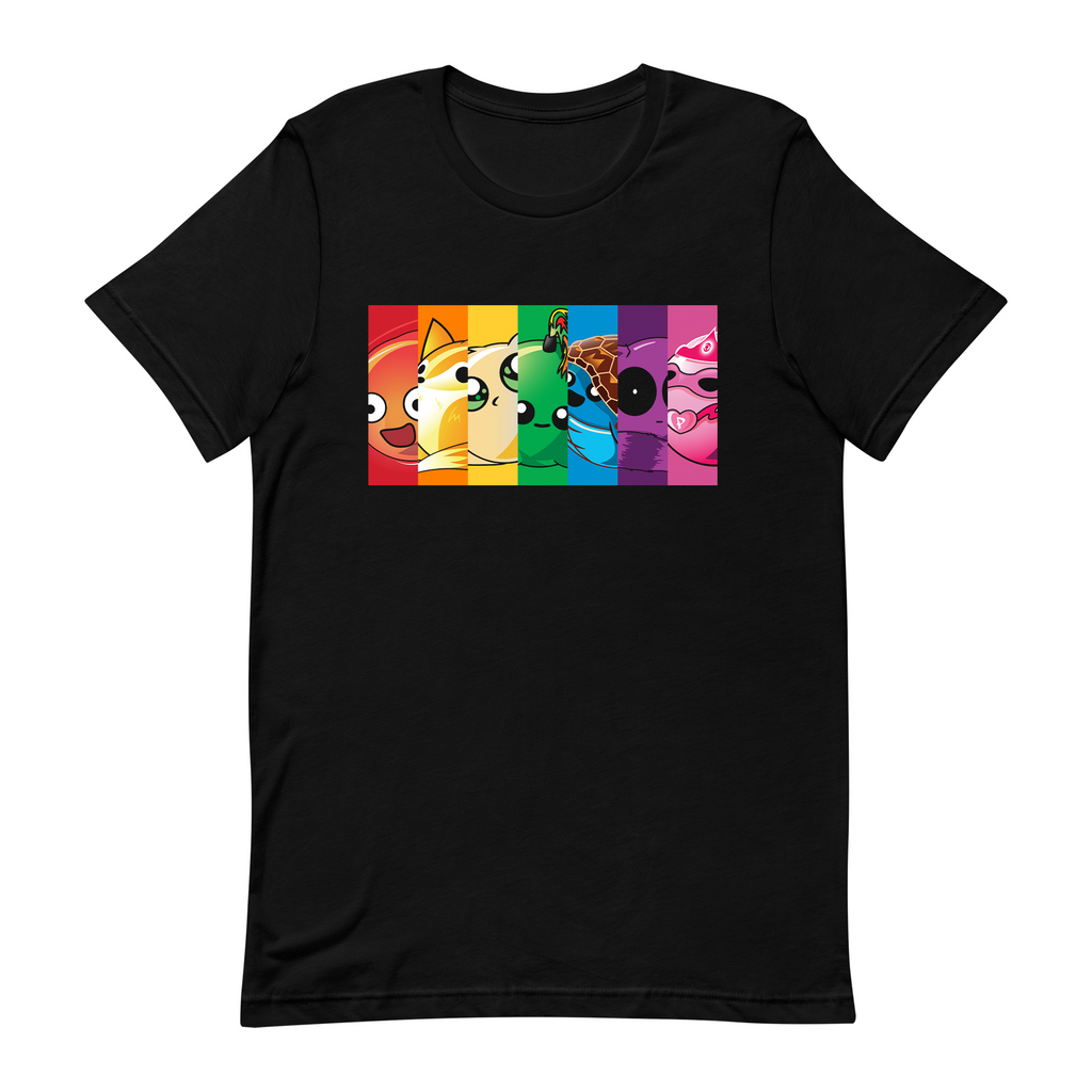 rainbow block doomlings tee with seven doomlings characters, black t-shirt