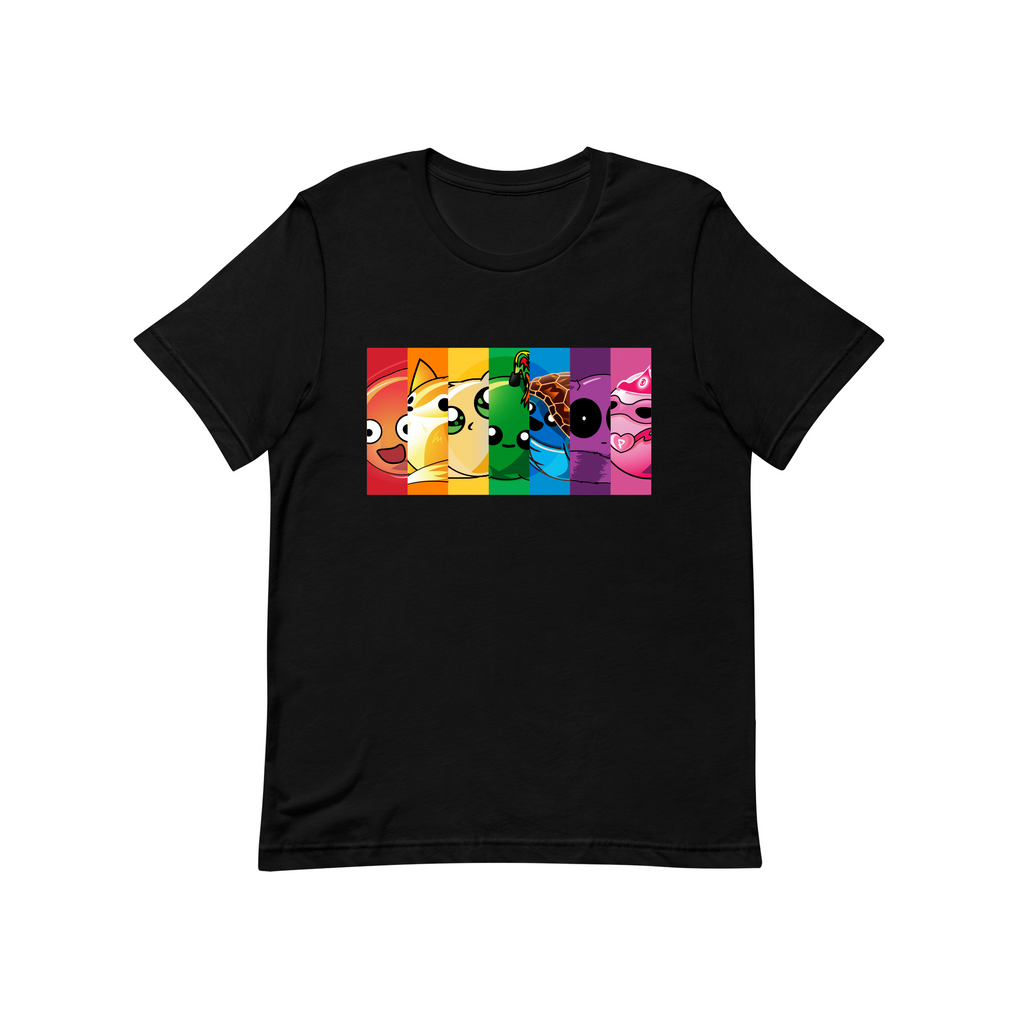 rainbow block doomlings kids tee with seven doomlings characters, black t-shirt