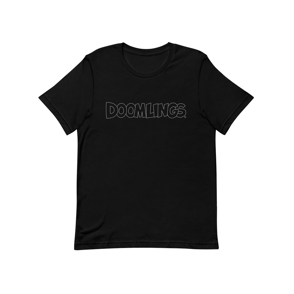 doomlings logo on a black tshirt